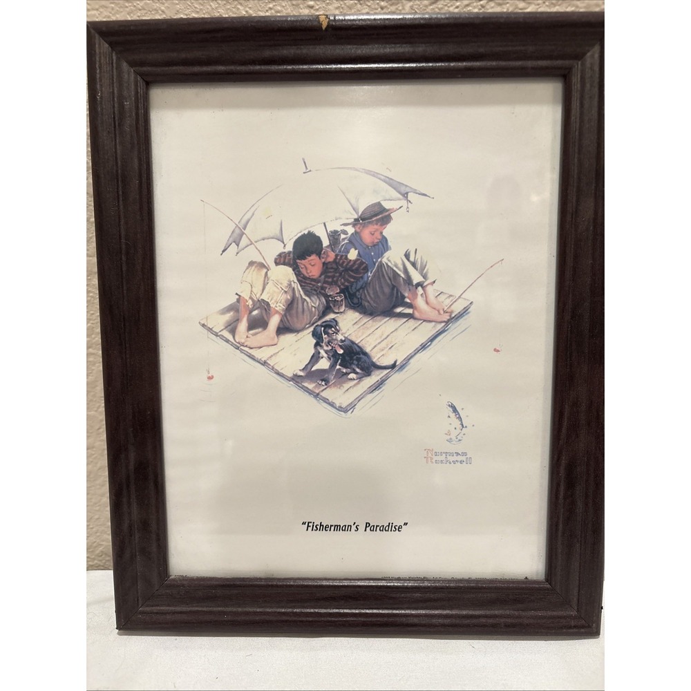 Vintage 1997 Norman Rockwell "Fisherman's Paradise" Picture Framed 11.5" X 9.5"